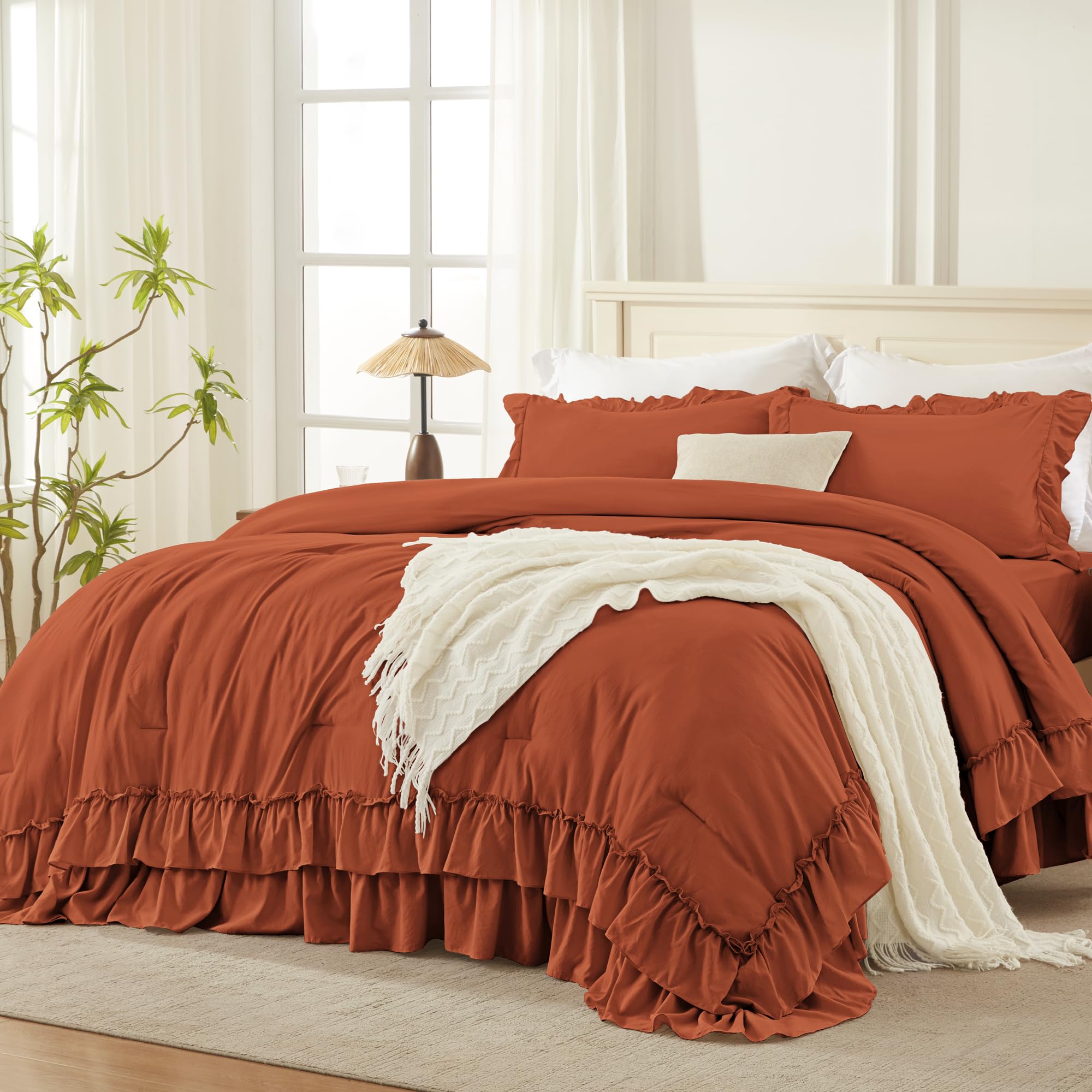 Andency Terracotta Twin Size Comforter Set, 2 Pieces Lightweight Fluffy Ruffle Bedding Set for Dorm, All Season Soft Farmhouse Shabby Chic Bed Set for Kids (66x90In), Burnt Orange Image