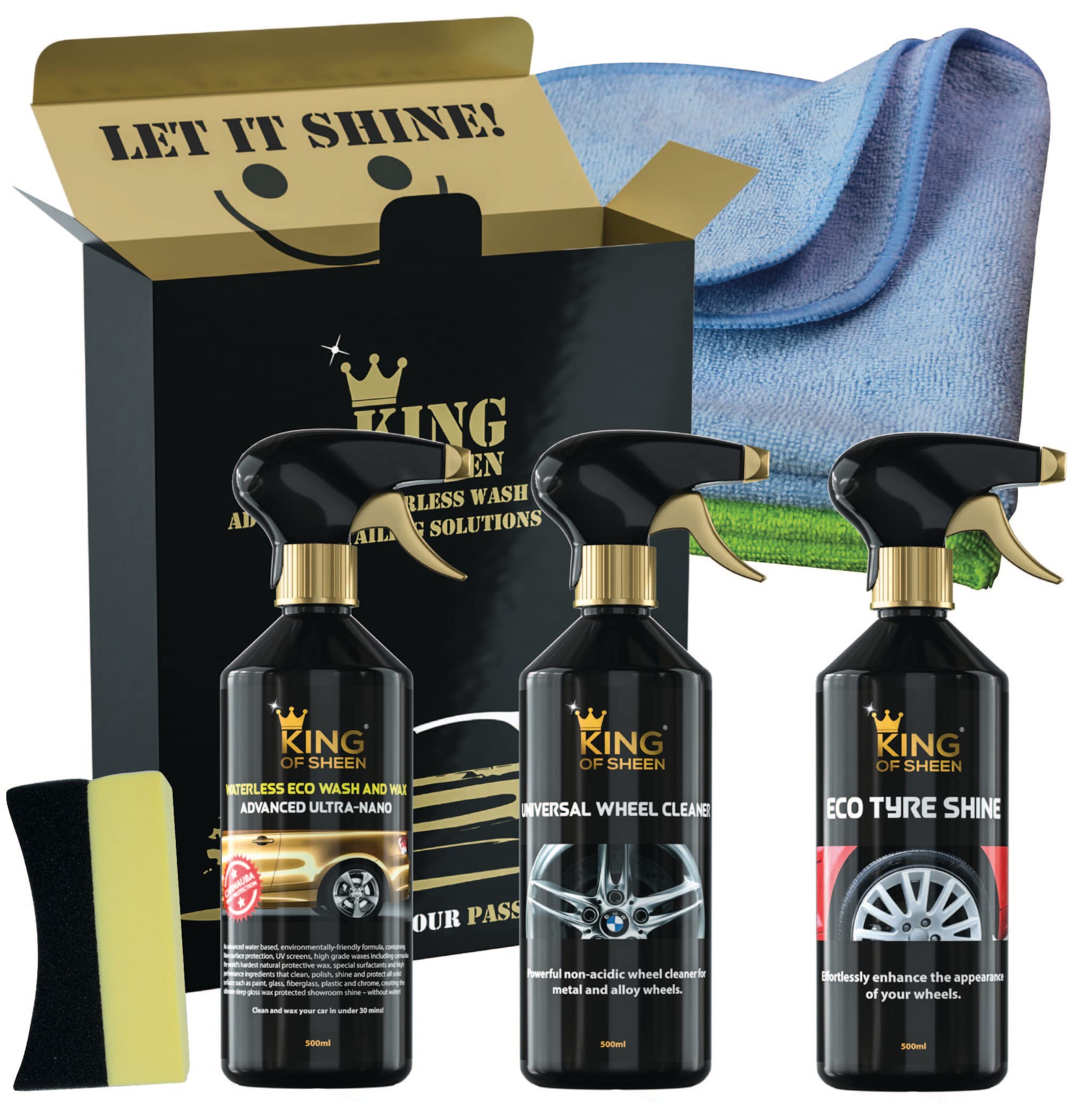 King of Sheen Exterior Car Cleaning Kit - Advanced Ultra Nano Waterless Wash & Wax 500ml, Universal Wheel Cleaner 500ml, Eco Tyre Shine 500ml and 2 Proffessional Microfibre Cloths