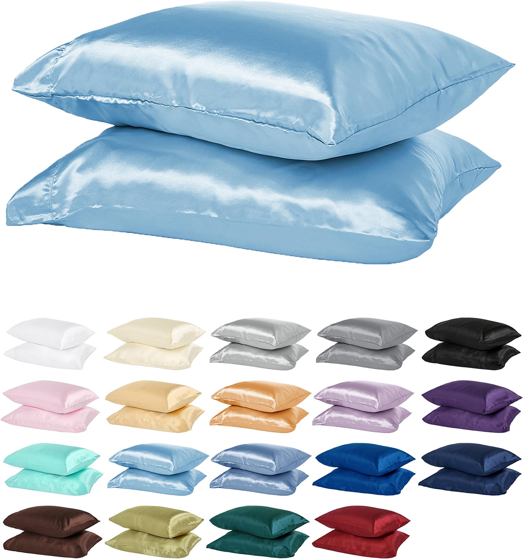 DreamHome Satin Pillow Case with Zipper, 2 Pillow Cases (Standard, Light Blue)