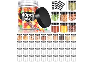 40 Pack Plastic Jars with Lids, Gencywe 8 oz Clear Slime Cosmetics Containers with Pen and Labels, Leakproof Storage Jars, PET Empty Jars with Black Lids for Kitchen Cookie Candy Spices Dry Food Cream