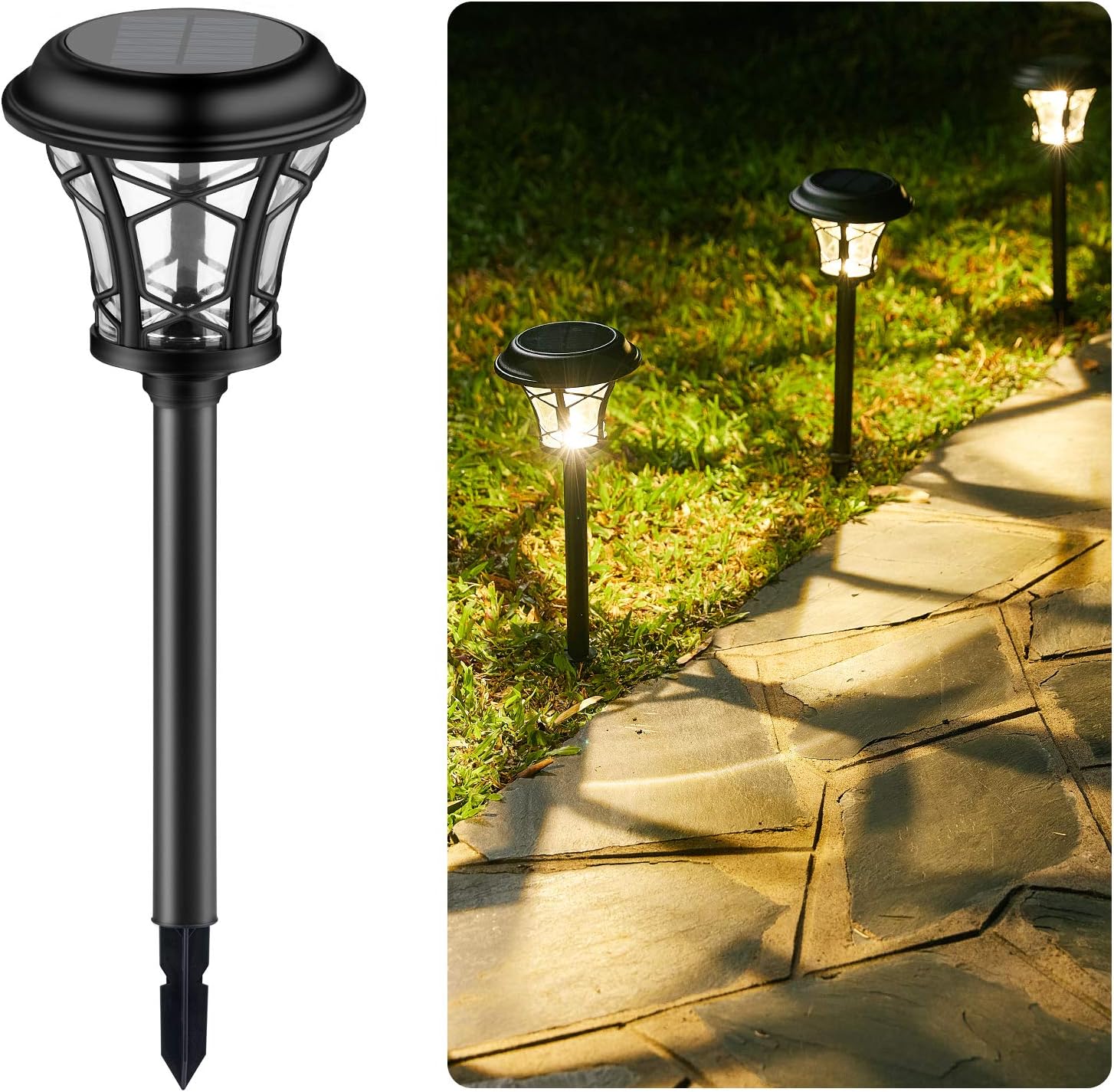 Brightown Solar Garden Lights 6 Pack Black Stainless Steel Stake Glass Shaped-17 Lumen 3000K Solar Powered Dim to Bright Waterproof All Seasons Pathway Landscape Lights Lamp for Path Lawn Yard Walkway