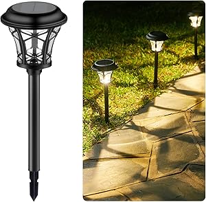 Brightown Solar Garden Lights 6 Pack Black Stainless Steel Stake Glass Shaped-17 Lumen 3000K Solar Powered Dim to Bright Waterproof All Seasons Pathway Landscape Lights Lamp for Path Lawn Yard Walkway