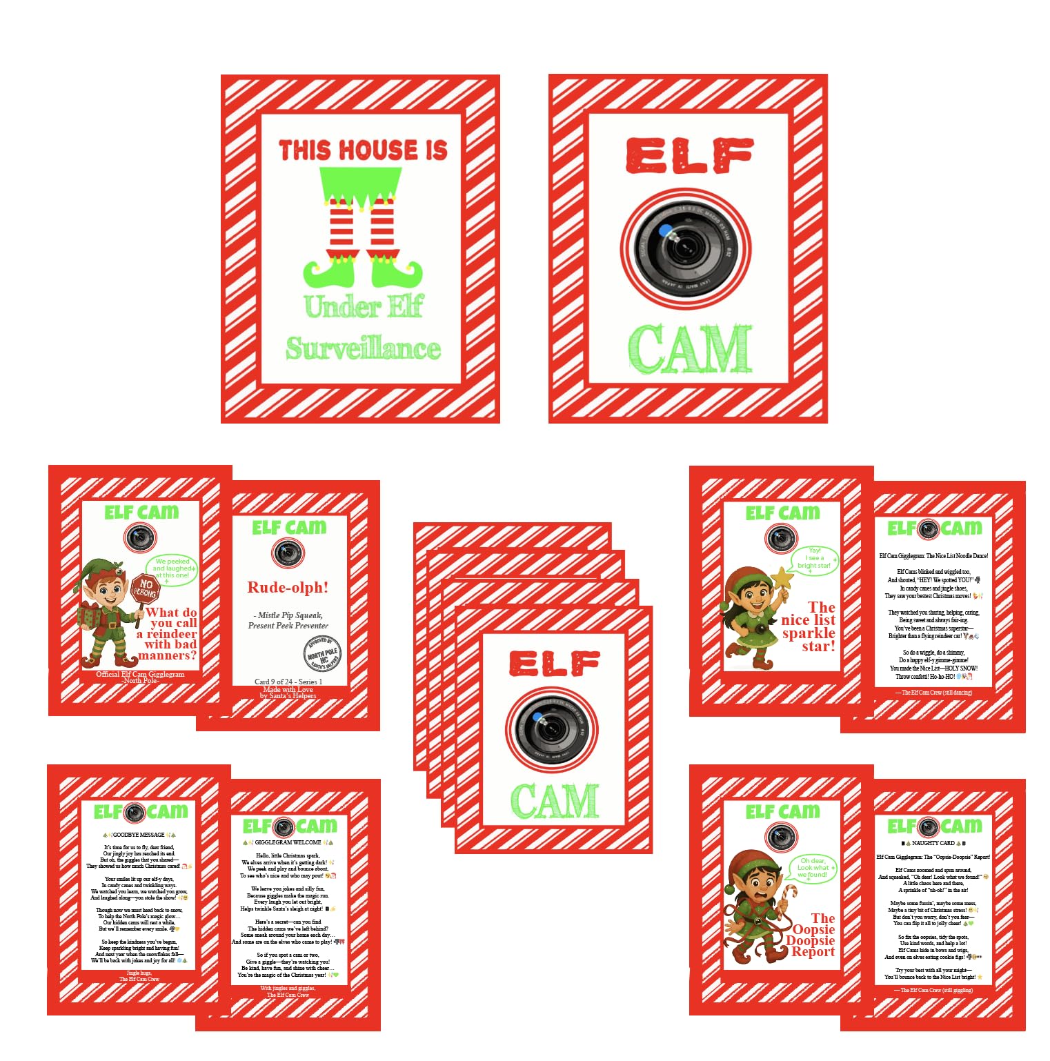 Photo 1 of Elf Surveillance Magic Set – 32 piece set - Yard Sign with Wire Stake + Elf Cam Gigglegram Cards | 12x15” Waterproof Double-Sided Santa Cam Sign | 24 Elf Jokes, Elf Cams, Nice/Naughty & Welcome Notes