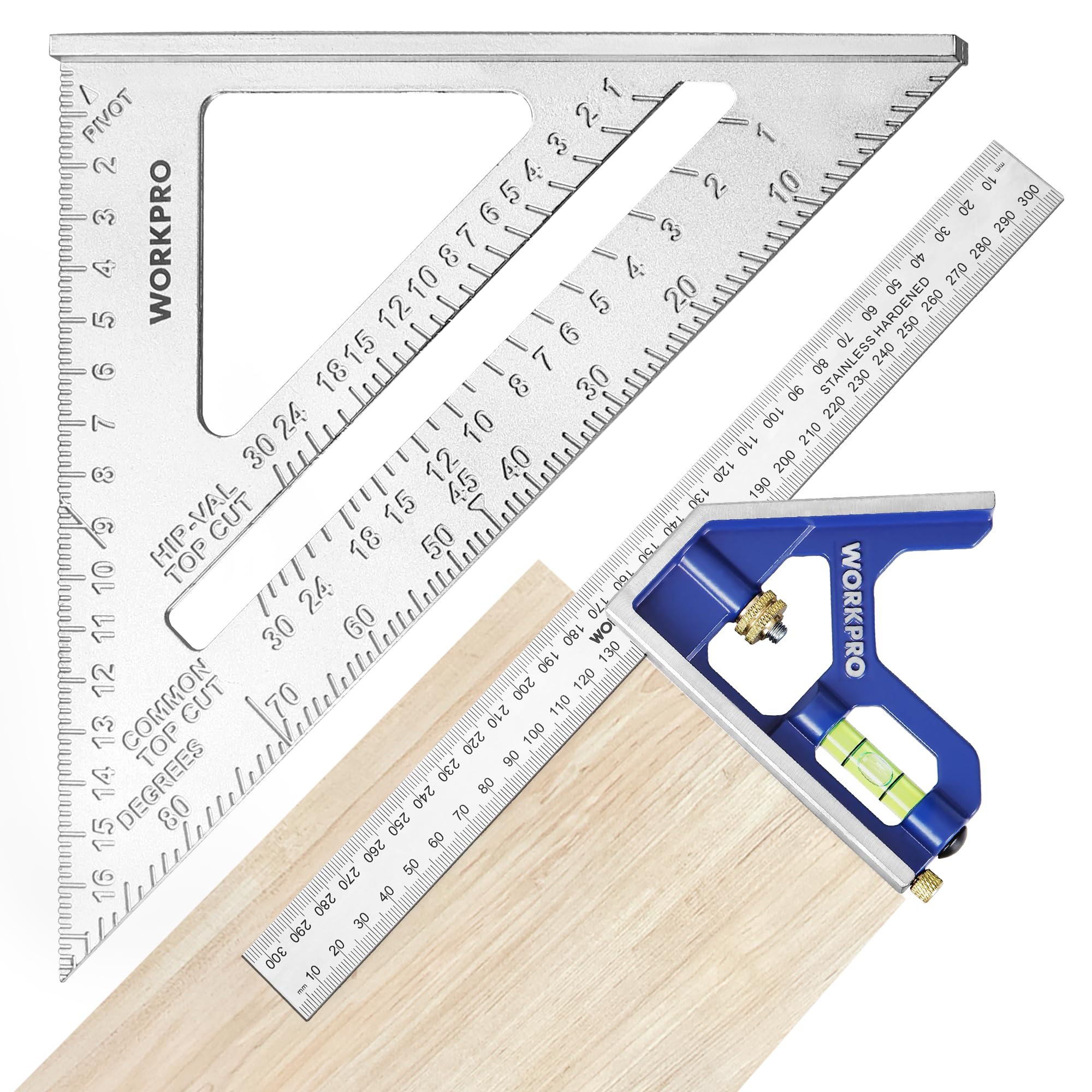 WORKPRO 180 mm Speed Square and 300 mm Combination Square Set, Aluminum Speed Square, Stainless Steel Combination Square, Adjustable Carpentry Square, Measuring Tool for Engineer Carpenter