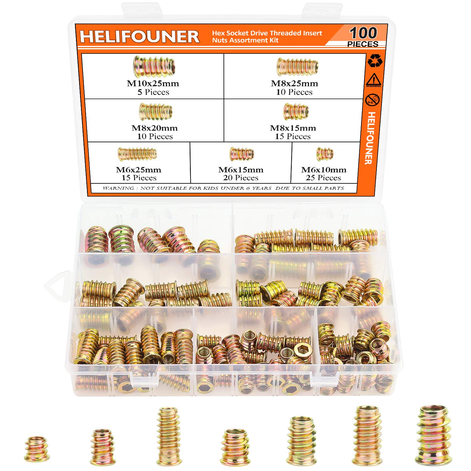 HELIFOUNER 100 Pieces M6 M8 M10 Threaded Insert Nuts Assortment Kit for Wood Furniture