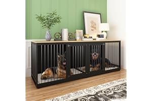 DAWNSPACES Extra Large Dog Crate Furniture, 94.5" Heavy Duty Dog Kennel with a Removable Divider, Indoor Furniture Style Dog Crate House TV Stand with Double Rooms for Large Medium Breed Dogs, Black