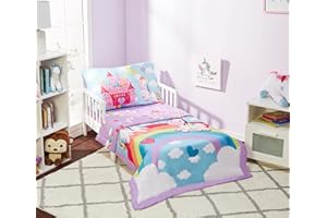 EVERYDAY KIDS 4 Piece Toddler Bedding Set - Unicorn Dreams - Includes Comforter, Flat Sheet, Fitted Sheet and Reversible Pillowcase