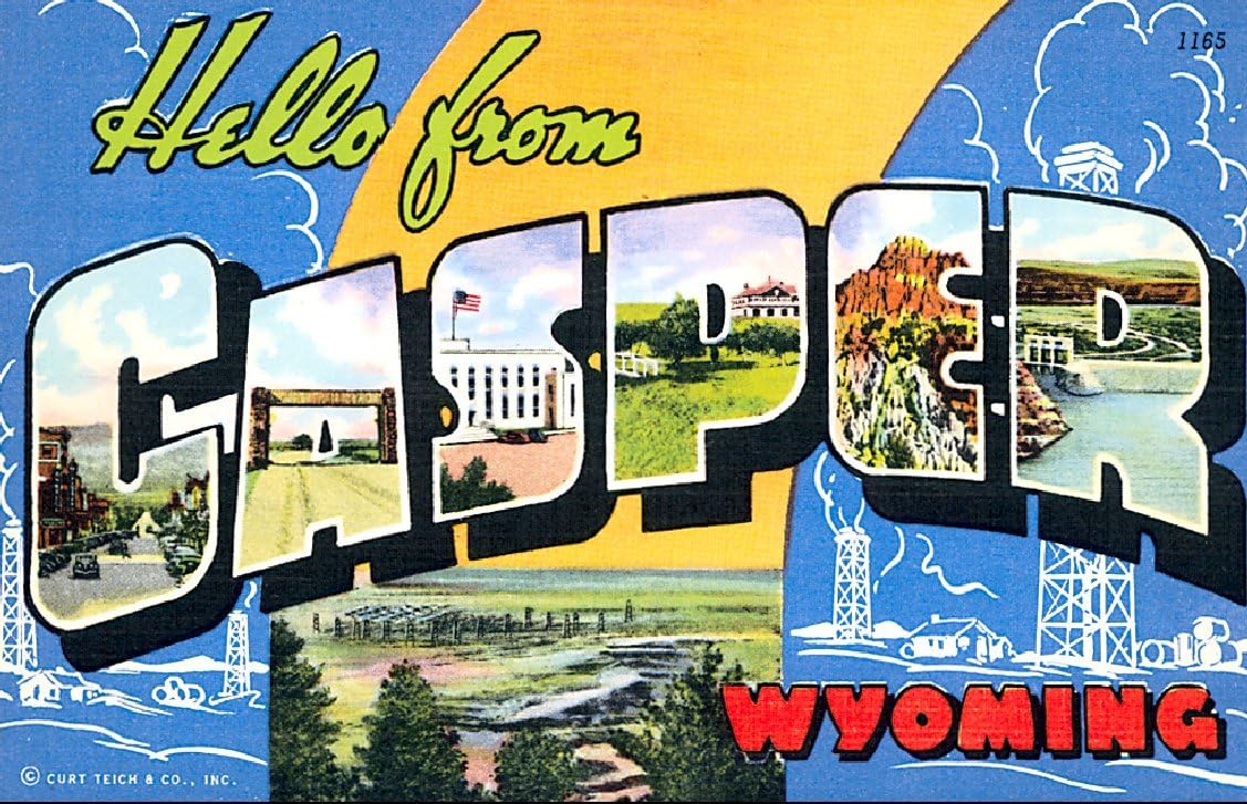 Casper WY Greetings Reproduction Luggage Decal 3"X5"