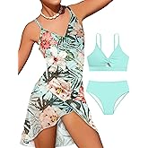 Girls Swimsuits 3 Piece Tropical Print Bathing Suits Twist Cross Bikini Set with Backless Wrap Dress Cover Up
