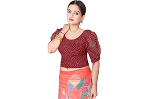 SEEANS Women’s Readymade Saree Blouse - Stretchable Polyester, Gold Glitter Design, Puff Sleeves for Weddings & Events