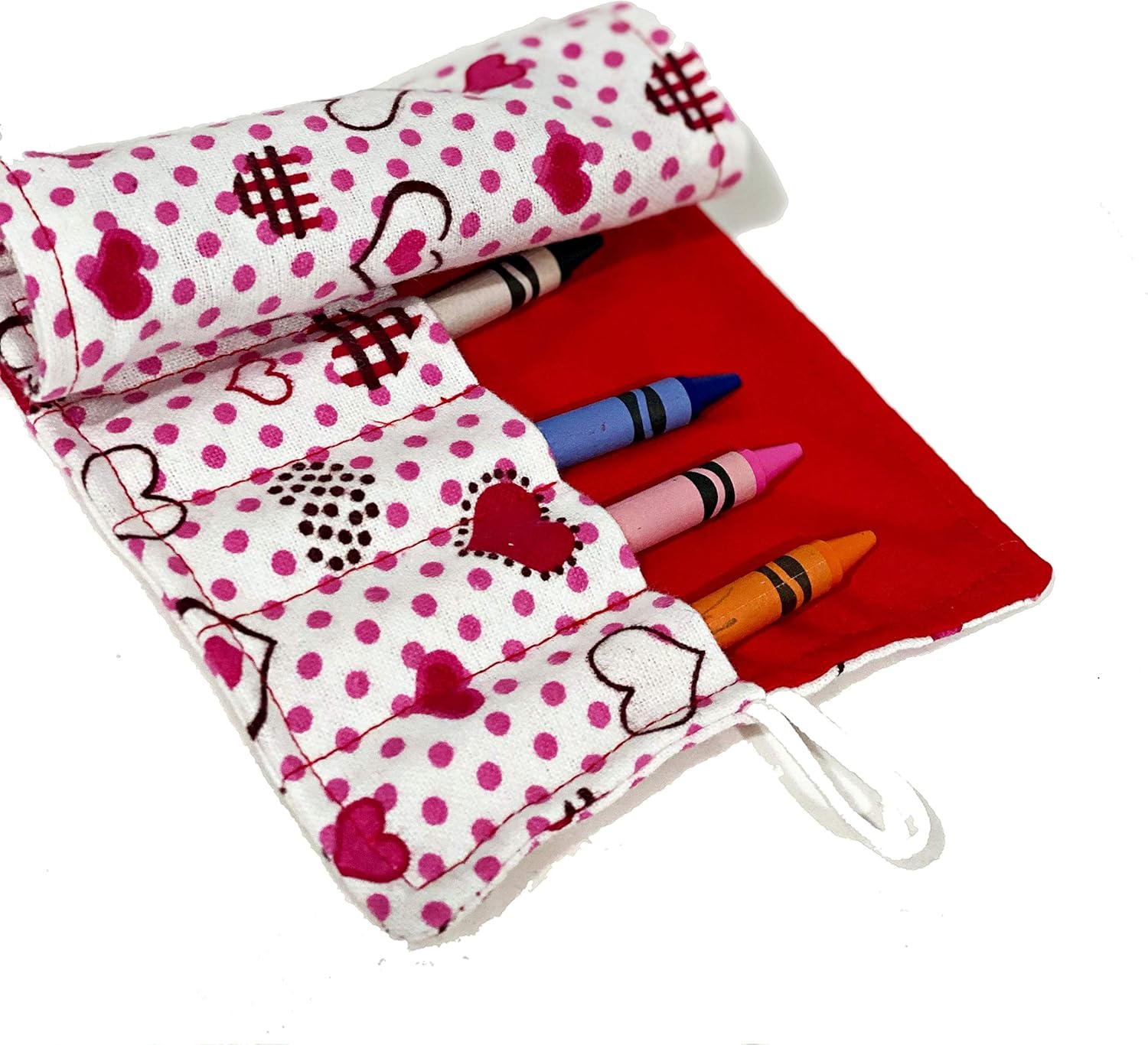On The Go Crayons Caddy Holder wrap roll up case, Holds 9 to 18 Favorite Colors, Perfect to Keep Your Kids Organized, Inspired, & Entertained -8 Crayons Included! USA Handmade (Red Hearts, Small): Office Products