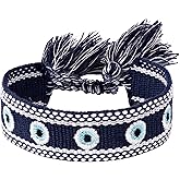 MINACHI Hand-Woven Rope Bracelet with Embroidered Evil Eye Charms, Blue Tone, Bohemian Lucky Jewelry for Women