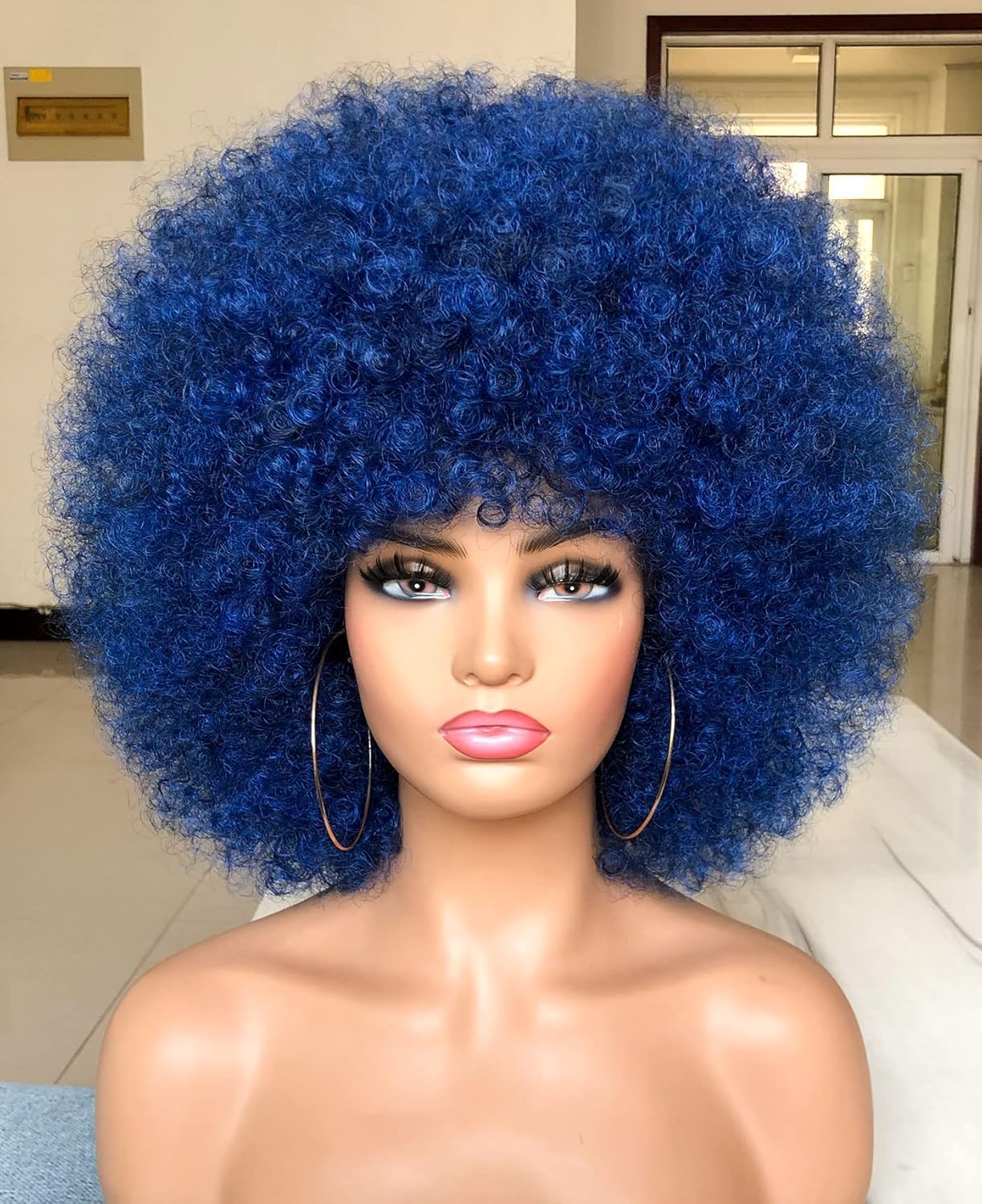 ISAMY 70's Afro Wigs for Black Women Short Curly Afro Kinky Wig Bouncy Huge Fluffy Puff Wigs Premium Synthetic for Cosplay and Daily (M1B/Blue)