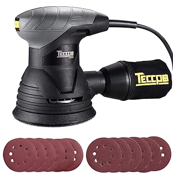 Exzenterschleifer, TECCPO 350W Schleifmaschine mit Staubsammelsystem & staubgeschütztem Schalter, 12 Schleifpapier, vibration