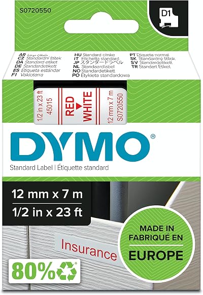DYMO Authentic D1 Labels Red on White Tape 12 mm x 7 m for LabelManager