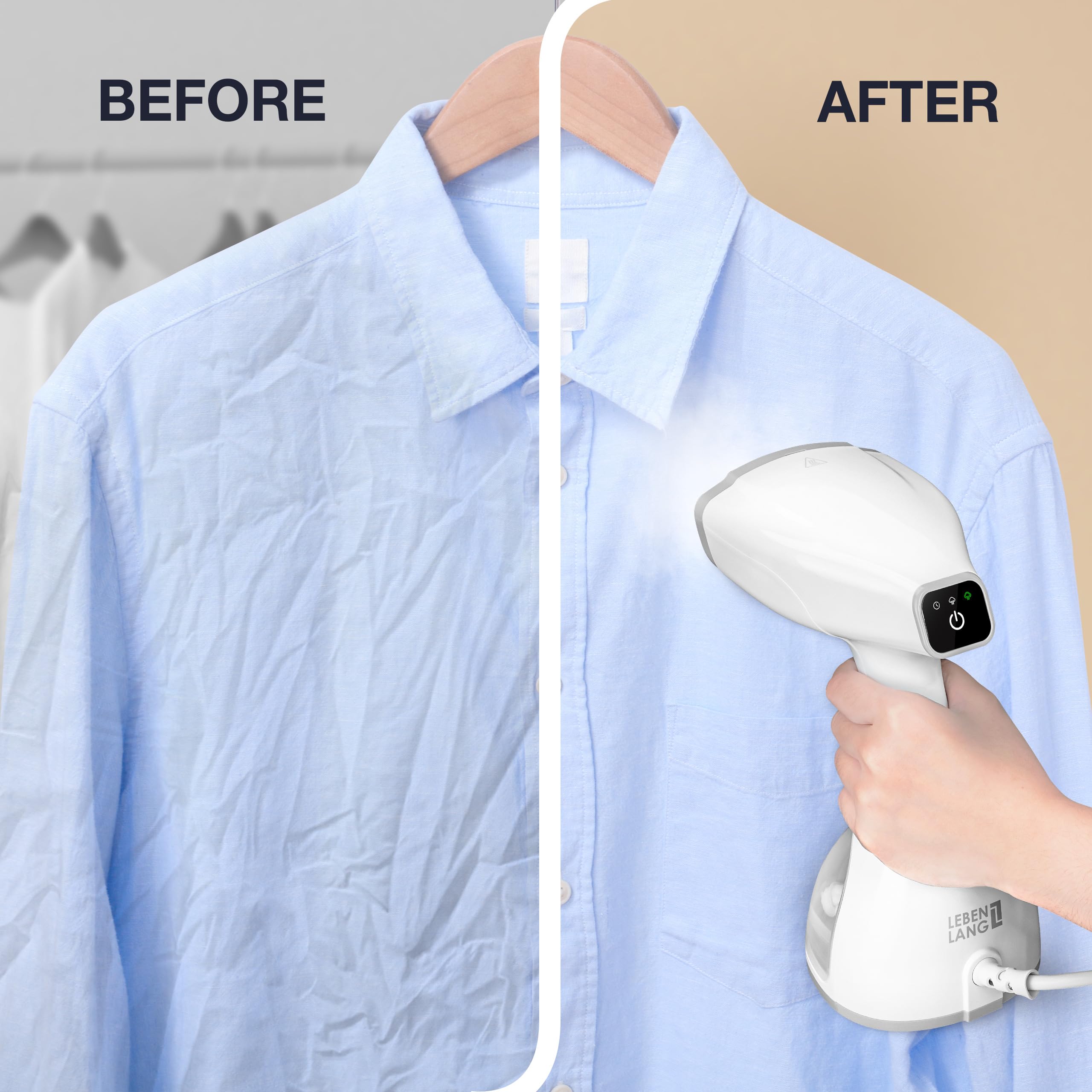 LEBENLANG Portable steamer for clothes - 1500W & 10 oz incl. ironing glove & attachments I Clothing steamer handheld I Travel garment steamers Plancha a vapor para ropa Planchas de vaporizador Fabric