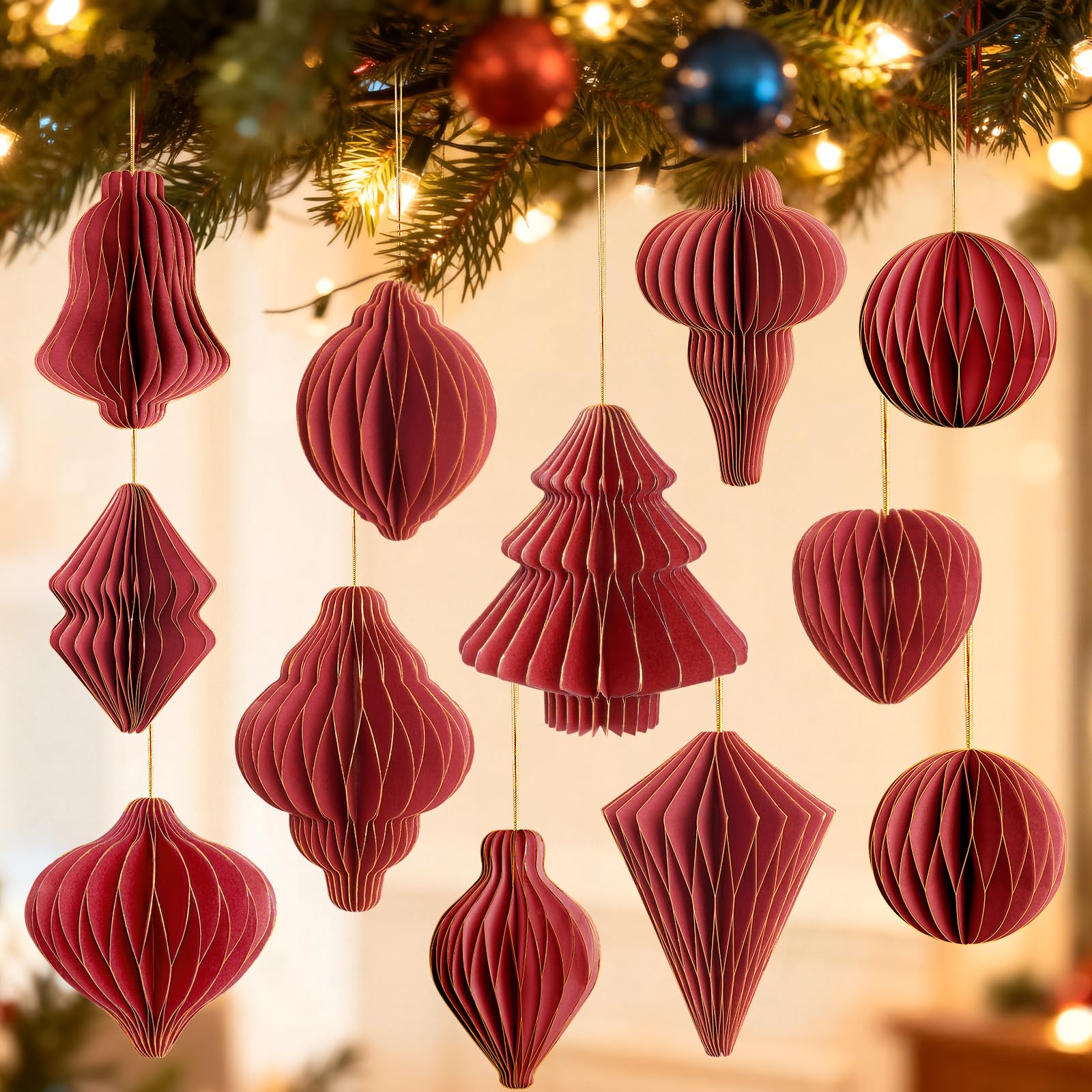 Photo 1 of 12Pcs Red Paper Christmas Party Decorations, 3D Honeycomb Paper Hanging Ornaments with Glitter, Finial Honeycomb Lantern Burgundy Ornaments for Christmas Trees Winter Wonderland Party
