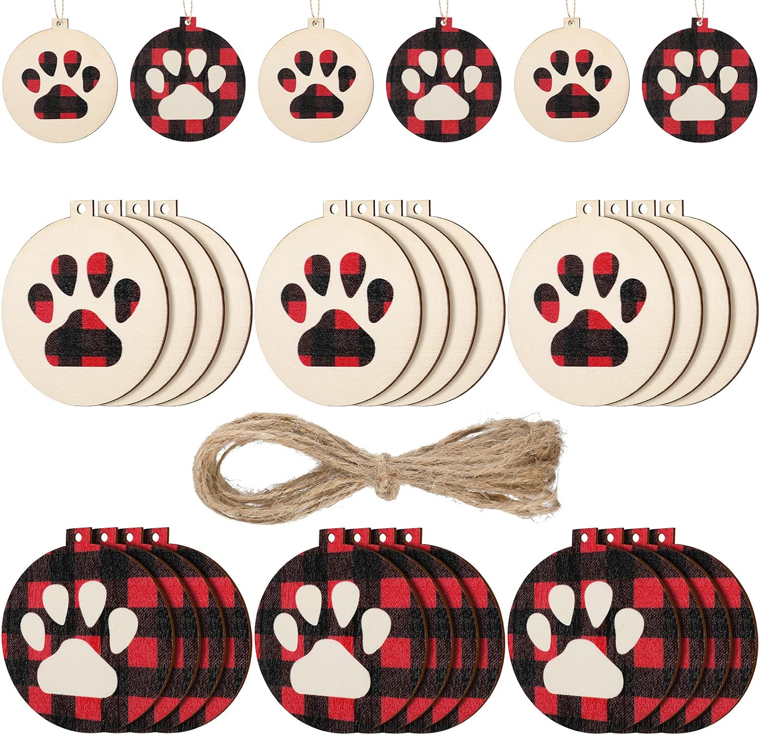 Ornaments - 30 Pcs Christmas Dog Paw Wooden Ornaments Buffalo Plaid Paw Print Xmas Tree Hanging Tag Cat Claw Christmas Hanging Ornaments with Ropes for Christmas Holiday Tree Decor (Red Black Plaid)
