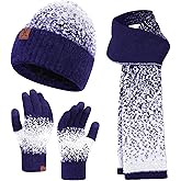 Winter Beanie Hat Scarf Gloves, Warm Fleece Lined Knit Beanie Hat Long Scarf & Touch Screen Gloves for Women Cold Weather Set