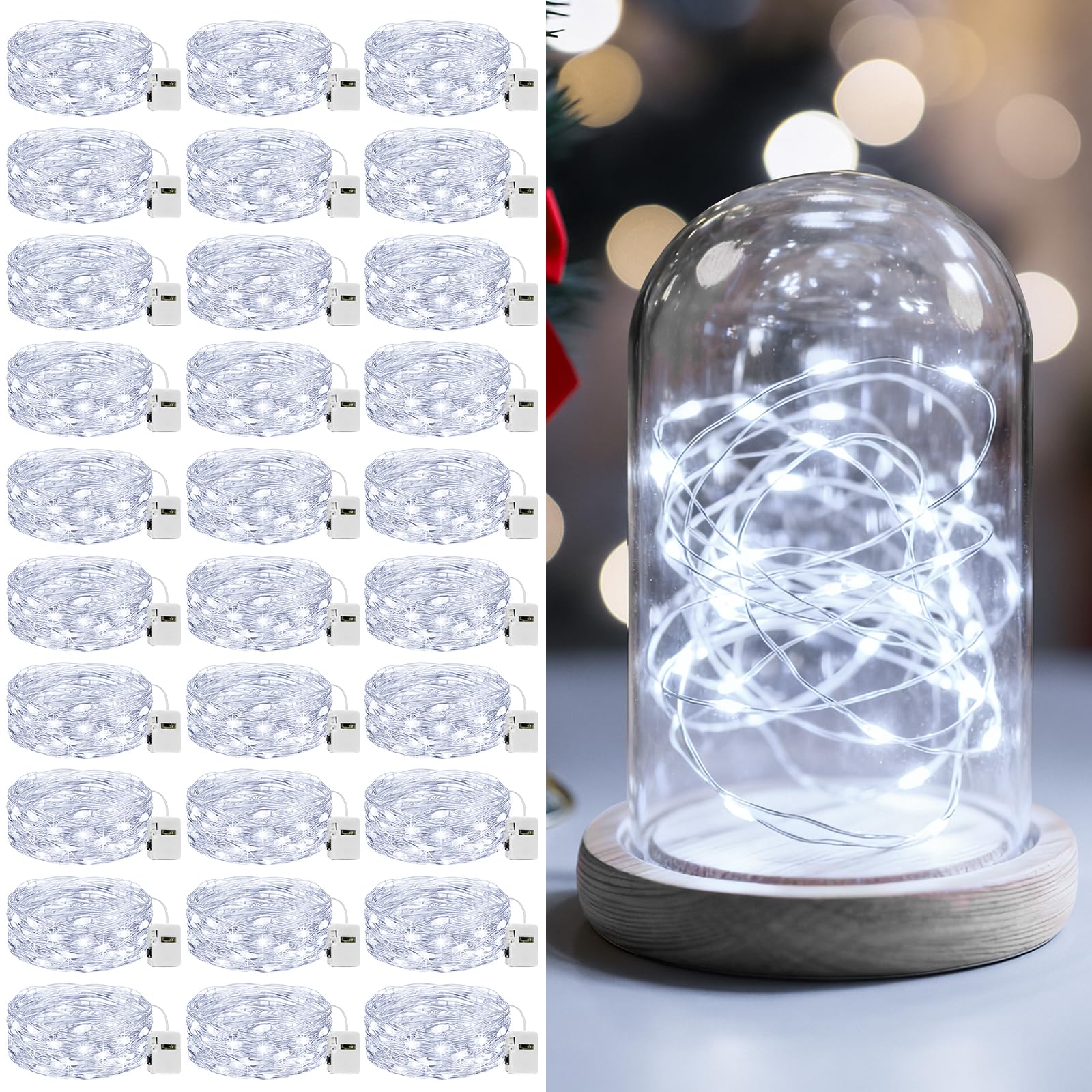 litogo 30 Pack 7FT 20 LED Fairy Lights Battery Operated, 3 Lighting Modes, Bulk Mini Twinkle String Lights Waterproof Silver Wire for Weddings Mason Jars Party Christmas Decorations-Cold White