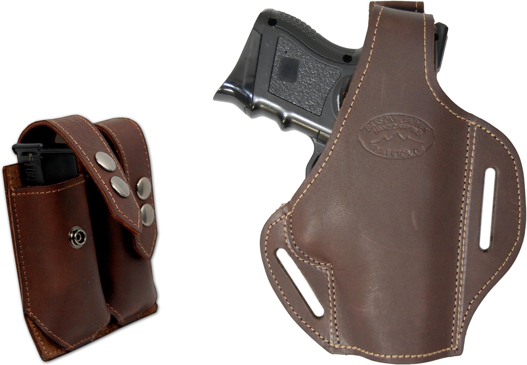 Barsony New Brown Leather Pancake Holster + Dbl Mag Pouch for Compact 9mm 40 45 Pistols