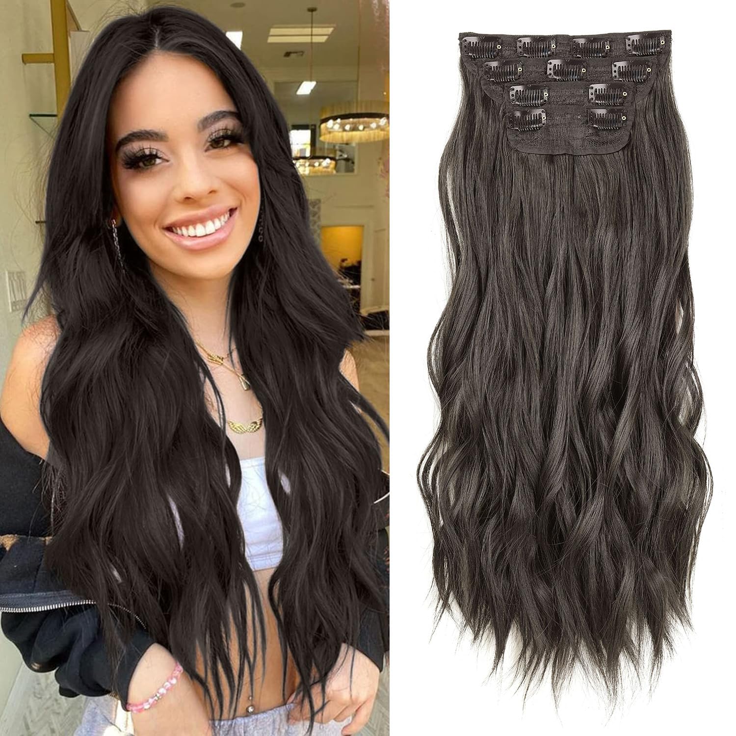 Mscat 16 Inch Wavy Clip in Hair Extensions Dark Brown Synthetic Thick Curly Hair Pieces for Women Girls 4PCS Full Head Set — image 1