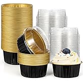 100 Pack Aluminum Foil Cupcake Baking Cups with Lids, 5oz Disposable Ramekin Cupcake Liners, Tart Pie Tin Pan Holder, Mini Cake Pans Mini Cake Containers Flan Molds, for Birthday Baby Shower Gifts