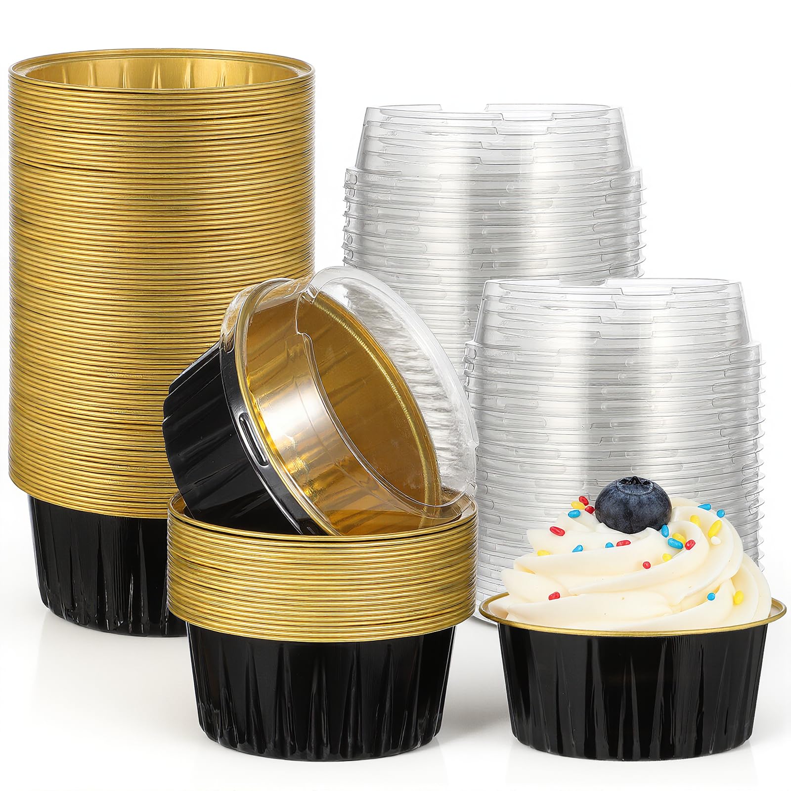 Photo 1 of 100 Pack Aluminum Foil Cupcake Baking Cups with Lids, 5oz Disposable Ramekin Cupcake Liners, Tart Pie Tin Pan Holder, Mini Cake Pans Mini Cake Containers Flan Molds, for Birthday Baby Shower Gifts