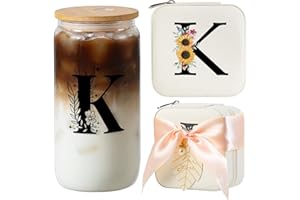 AYGXU Bridesmaid proposal gifts,16oz glass cups with bamboo lid,Travel Jewelry Organizer,Bridesmaid Gifts for Women,Wedding Travel Essentials Small Jewelry Box,Initial K white