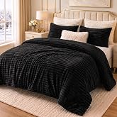 CozyLux Fleece California King Comforter Set, 3 Piece Warm Black Bedding | 300GSM Flannel Faux Fur, Oeko-TEX Certified, 3D Stripe, Bedroom Decor, With 2 Pillowcases, Machine Washable, Fluffy Bed Set