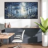 Forest Canvas Wall Art for Living Room - Navy Blue Bedroom Wall Art, Landscape Pictures Wall Decor, Forest Painting, Framed Nature Tree Artwork Walls 24×48IN
