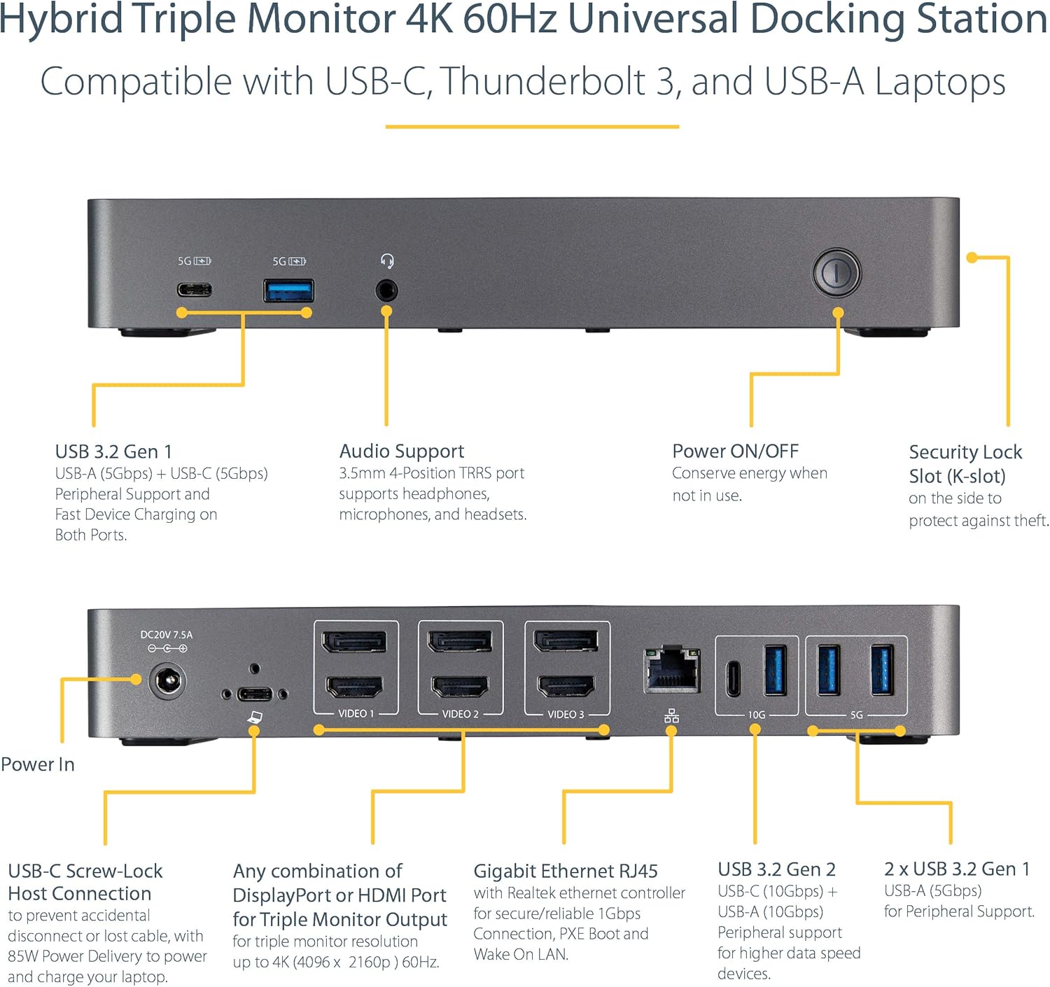 StarTech USB-C & USB-A Dock - Hybrid Universal Triple Monitor Laptop Docking Station w/DisplayPort & HDMI 4K 60Hz - 85W Power Delivery, 6X USB Hub, GbE, Audio - USB 3.1 Gen 2 10Gbps (DK31C3HDPD): Computers & Accessories