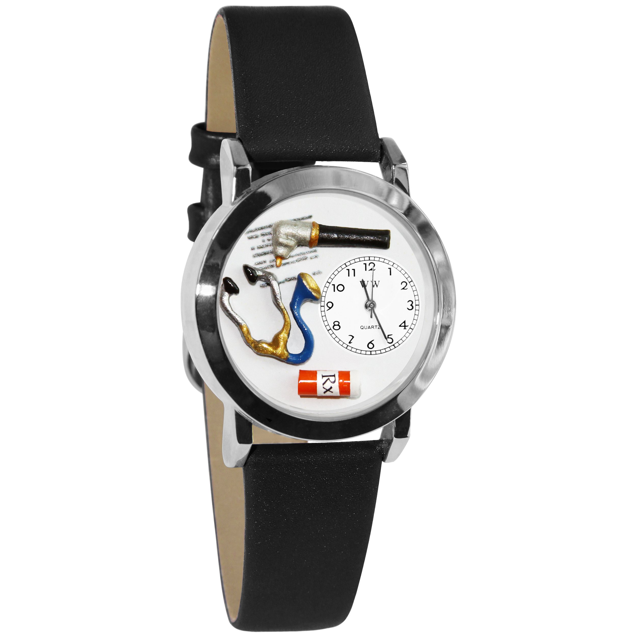 Whimsical Watches Doctor Black Leather and Silvertone Unisex Quartz Watch with White Dial Analogue Display and Multicolour Leather Strap S-0610001