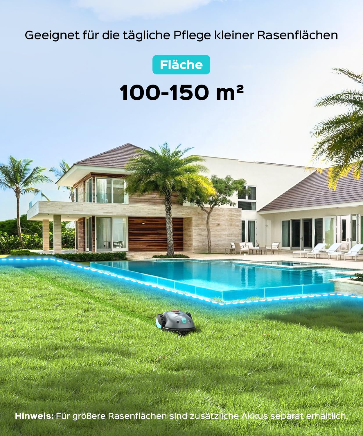 YARDCARE V100 Mähroboter ohne Begrenzungskabel Rasenroboter mit Kamera, Hindernisvermeidung, Vision Navigation, 4 Ah Akku Rasenmäher Roboter ohne Begrenzungsdraht 150㎡ mit Ersatzklingen, Spiralschnitt 6