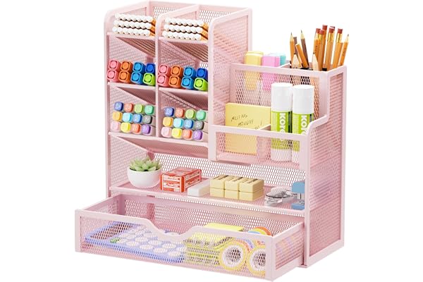 Marbrasse Pen Holder for Desk, Desk Organize with Drawer | Mesh Metal Desk Organizers and Accessories Art Supplies for Home,