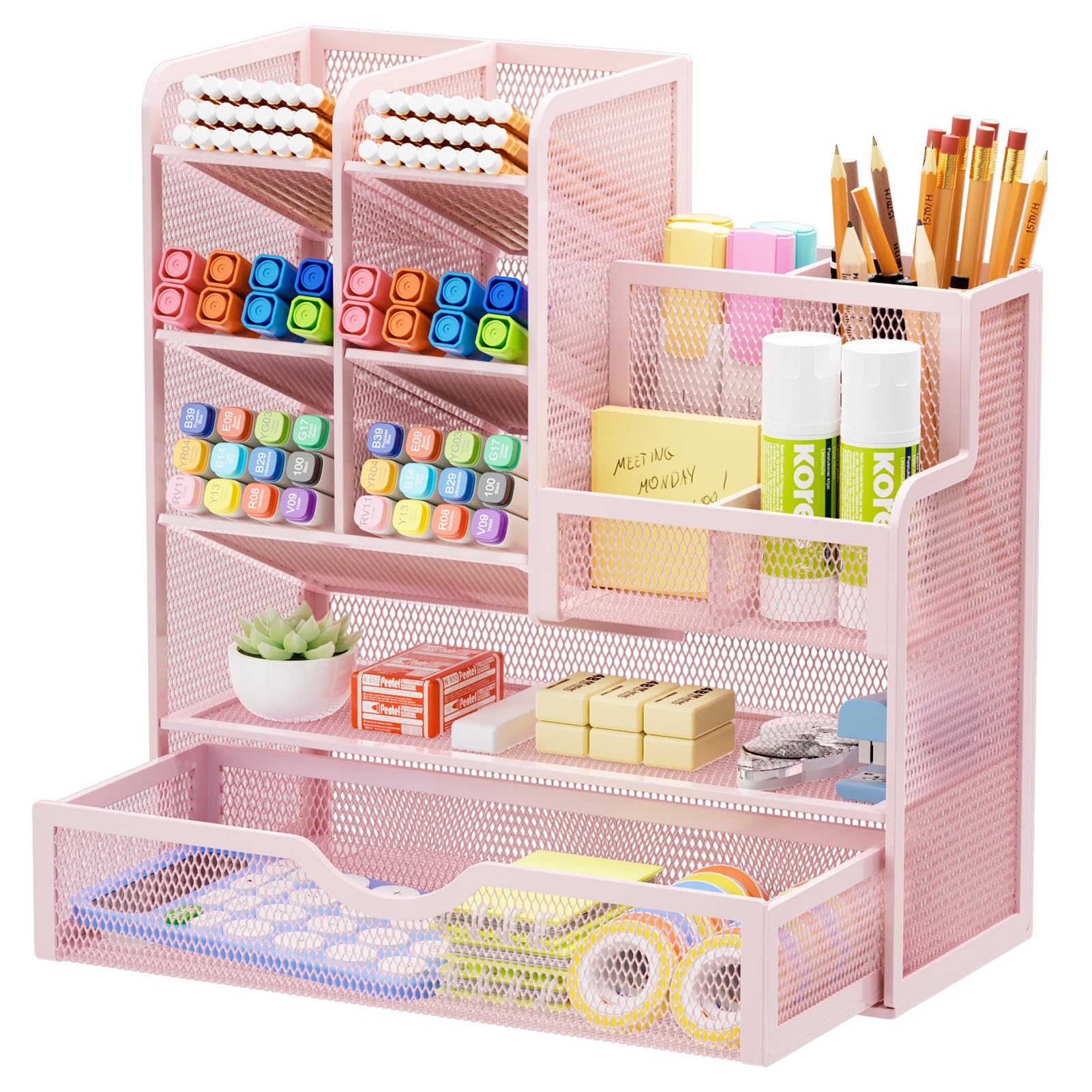 Photo 1 of Marbrasse Mesh Desk Organizer with Drawer, Multi-Functional Pencil Organizer, 12 Compartments, Pink, Modern, Minimalist