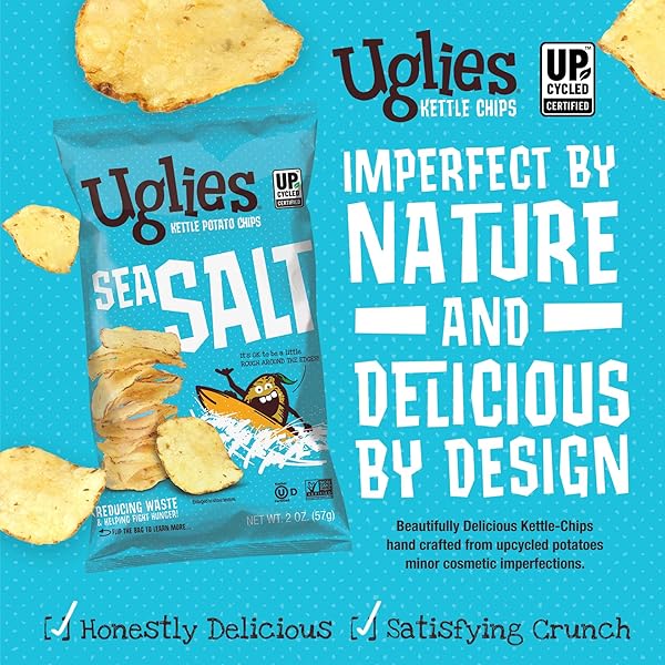 UGLIES KETTLE-COOKED POTATO CHIPS, GLUTEN-FREE SNACKS, KOSHER-FRIENDLY CHIPS, NON-GMO SNACKS FOR KIDS OR OFFICE, LUNCH SNACKS, INDIVIDUAL SNACK PACKS, SEA SALT POTATO CHIPS, 2 OZ. EACH, PACK OF 12