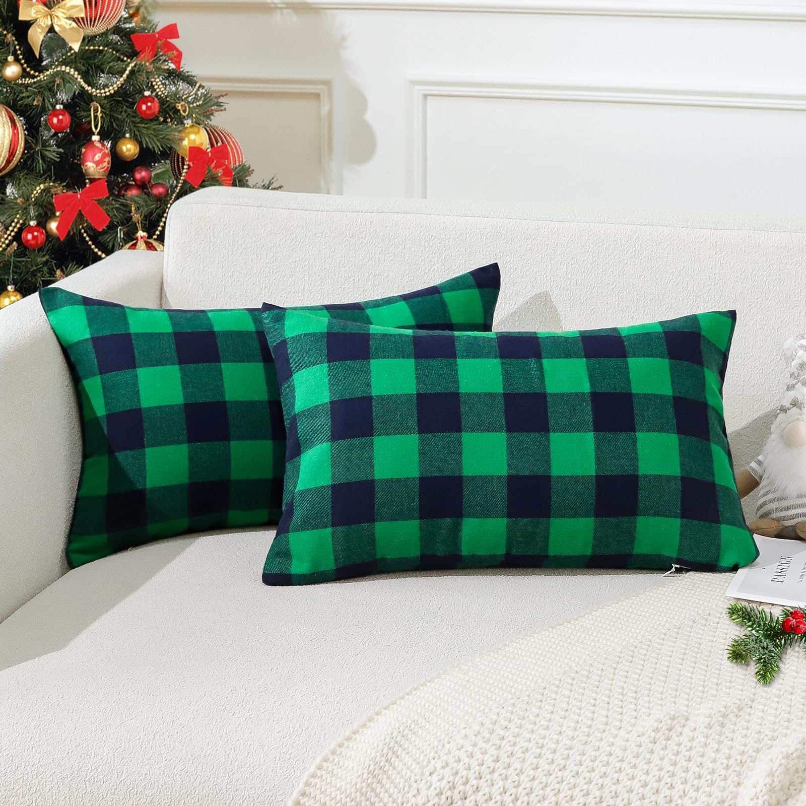 JOTOM Christmas Plaids Tartan Linen Throw Pillow Covers Buffalo Check Plaids Cushion Cover for Home Sofa Car Decorative Pillowcases Set of 2 30 x 50cm (Green and Black)