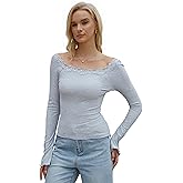 Homepeaz Long Sleeve Shirts for Women Going Out Tops Bell Sleeve Micro Ribbed Knit Boat Neck Backless Cropped Tops Lace Trim