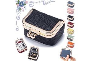 GENERIC Genuine Leather Mini Jewelry Box, Portable Vintage-Inspired Genuine Leather Coin Purse Jewelry Case with Kiss Lock, Mini Travel Ring Box for Women for Earring/Ring/Necklace/Bracelet(Black)