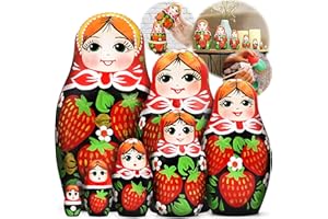 AEVVV Russian Nesting Dolls Set of 7 pcs - Russian Doll with Red Head Scarf and Strawberry Dress - Handmade and Hand Painted Matryoshka Nesting Dolls