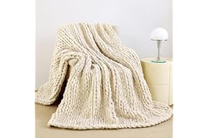 Admitrack Chunky Knit Blanket Throw 51"x63", 100% Hand Knit Chenille Throw Blanket for Sofa & Home Decor, Soft and Cozy Knitted Throw Blankets (Ivory，51"x63")