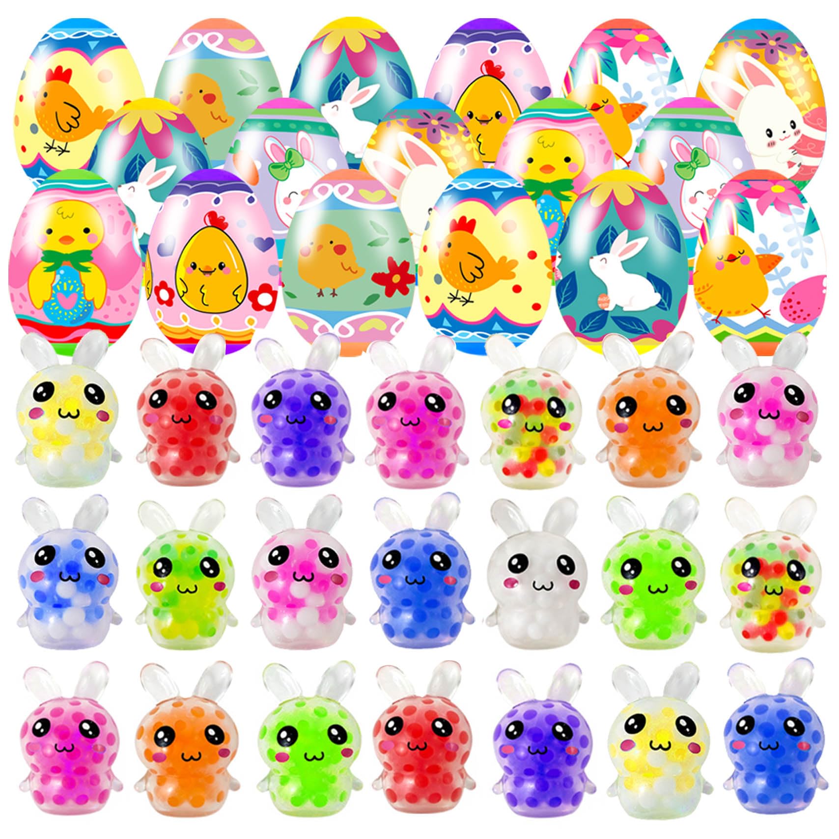 24 Pack Prefilled Easter Eggs with Squeeze Toys Colorful Easter Eggs with Variety Easter Stress Balls Great for Easter Basket Stuffers and Party Favors Easter Egg Fillers