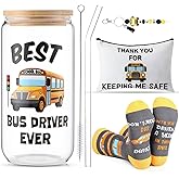 Sieral 4 Pcs School Bus Driver Appreciation Gifts for Women Men 16 oz Glass Cups Socks Zipper Canvas Bag Keychain Bus Driver Gifts for Christmas Thanksgiving Retirement Birthday Gift