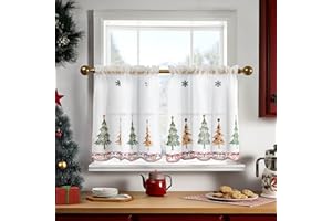 Deconovo Christmas Kitchen Tier Curtains, Embroidered Cafe Tiers, Semi Sheer Window Treatment with Rod Pocket, Light Filtering for Small Windows, Door & Sink Areas, 28W x 24L, Tree, 2 Panels