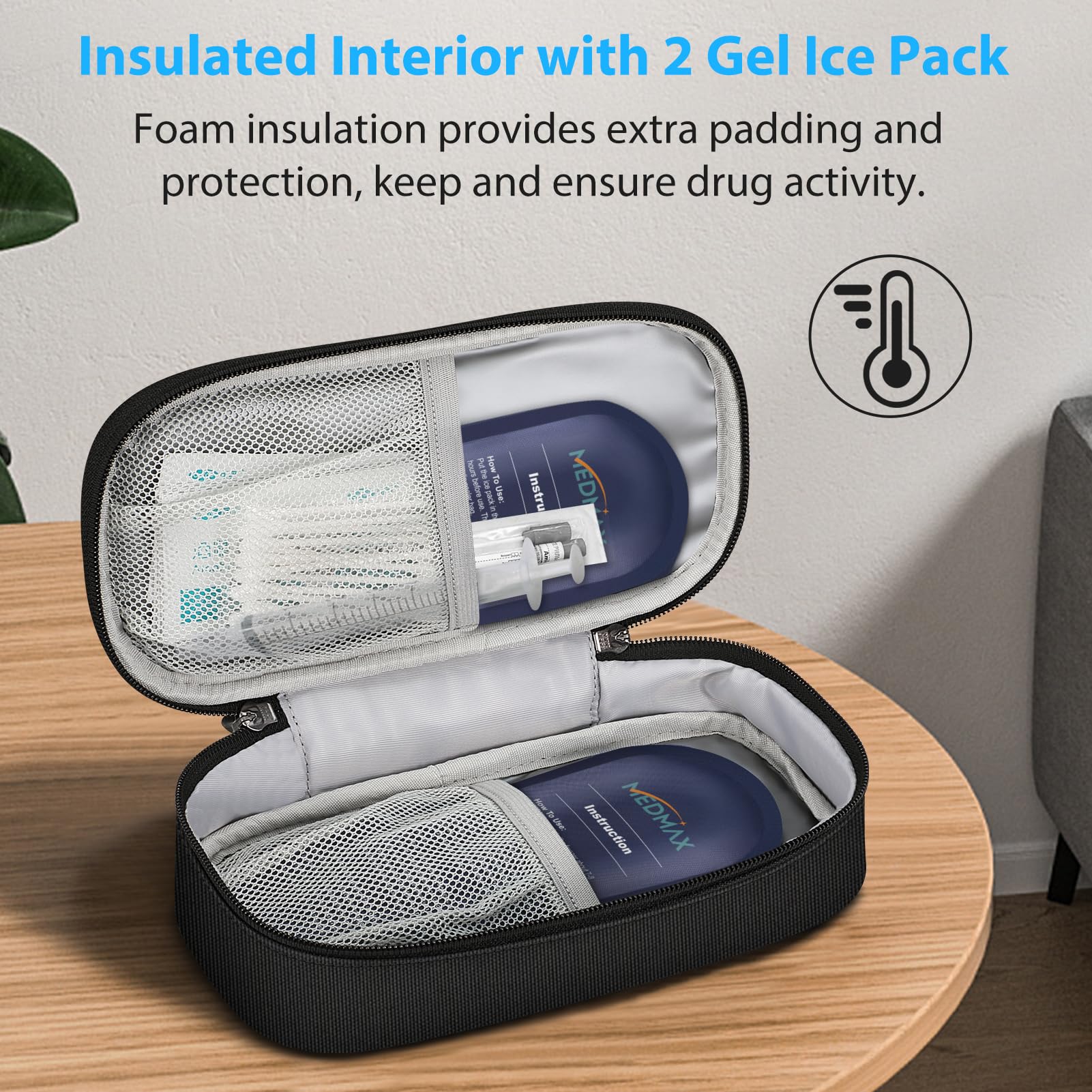 Insulin Cooler Travel Case with 2 Ice Pack, Water Resistant Insulated Diabetic Medication Organizer Carrying Bag with Extra Pouch for Insulin Pen and Other Diabetic Supplies (Black)