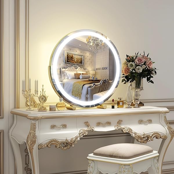 ROLOVE GOLD VANITY MIRROR, 18 INCH LIGHTED MAKEUP MIRROR WITH SMART TOUCH 3 COLORS DIMMABLE, TABLETOP, 360 ROTATION