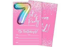 SIXEIGHT Let's Party 7th Birthday Invitations, Pink and Glitter Balloons Invitations, 20 Fill-in Style Birthday Party Invitations with Envelopes for Girls Boys, Birthday Party Favor & Decoration (4"x6")-B07