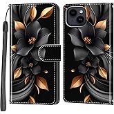 Haninsuze Case Wallet for iPhone 15 Plus, [Kickstand] 3 Card Holder Stand [Shockproof TPU Interior Shell], PU Leather Magnetic Protective Flip Cover 6.7", Black Flower