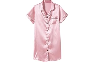 Hupohoi Girls Satin Pajamas Dress Button Down Silky Sleepwear Nightgown Short Sleeve Nightshirt Dresses